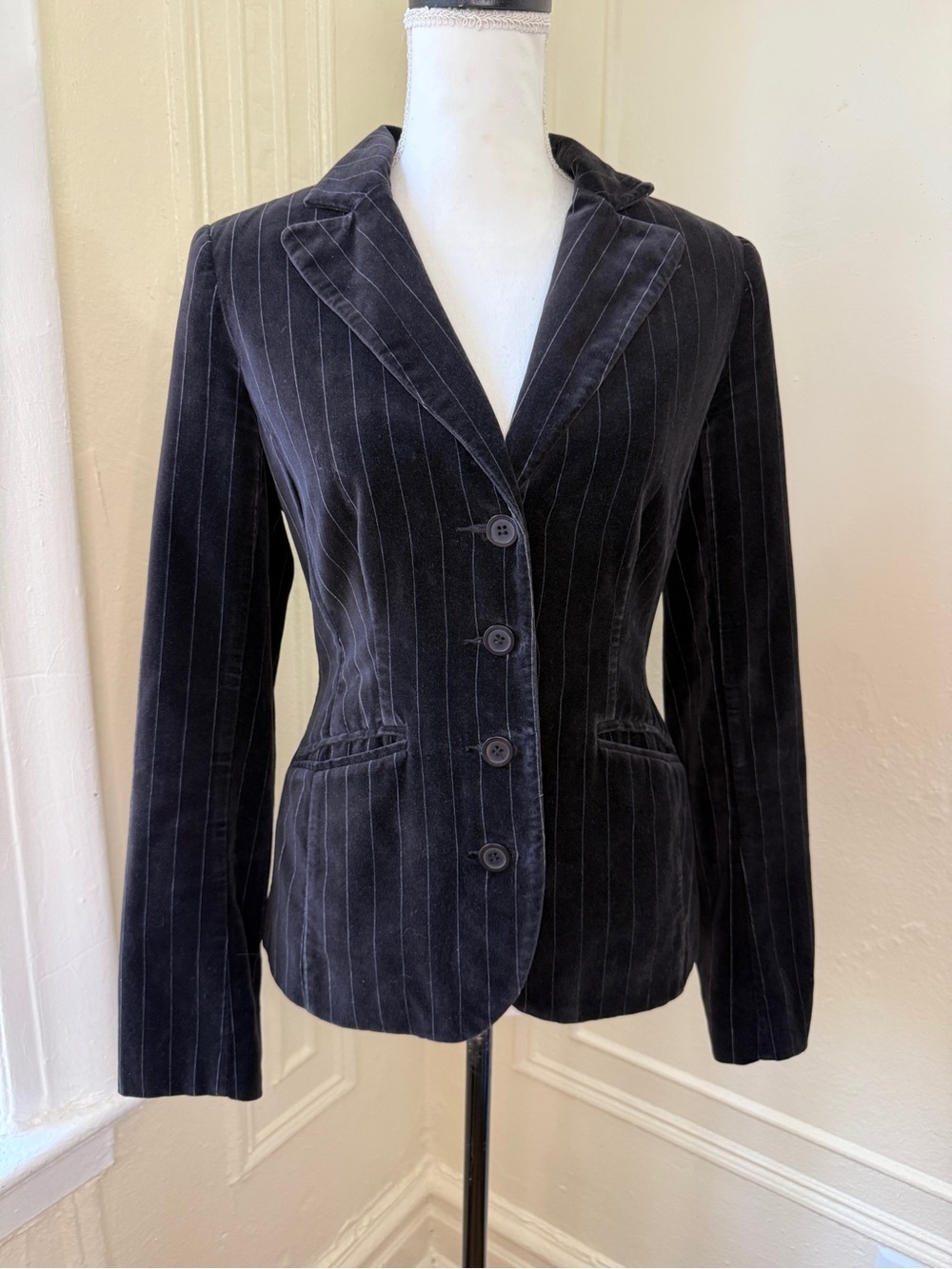 Y2K Pinstripe Black Velvet Blazer Preppy Collegiate Style by Lindex Sz 36 Europe
